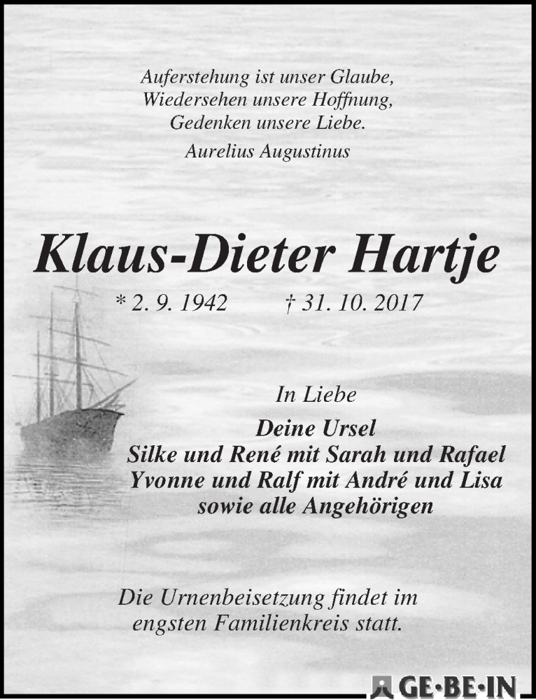 Traueranzeige von Klaus-Dieter Hartje von WESER-KURIER
