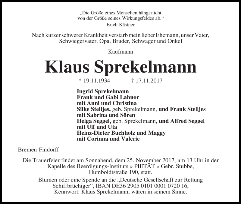 Traueranzeige von Klaus Sprekelmann von WESER-KURIER