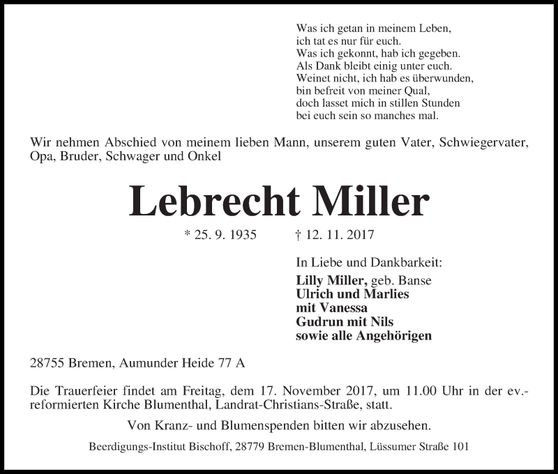 Traueranzeige von Lebrecht Miller von Die Norddeutsche