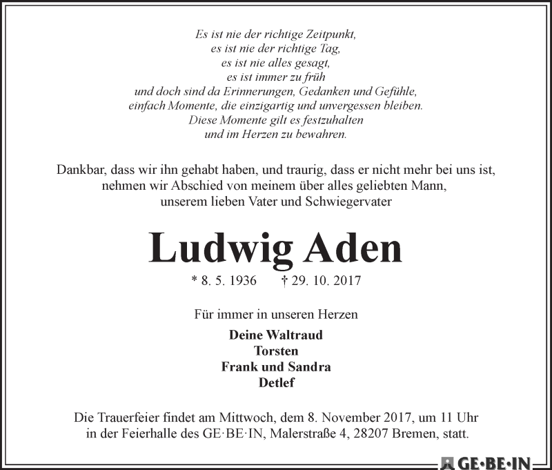Traueranzeige von Ludwig Aden von WESER-KURIER