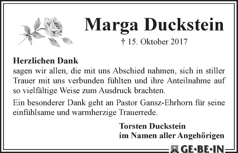 Traueranzeige von Marga Duckstein von WESER-KURIER