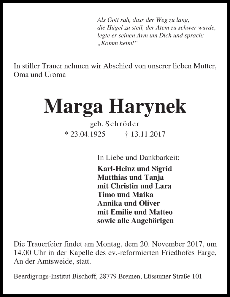 Traueranzeige von Marga Harynek von Die Norddeutsche