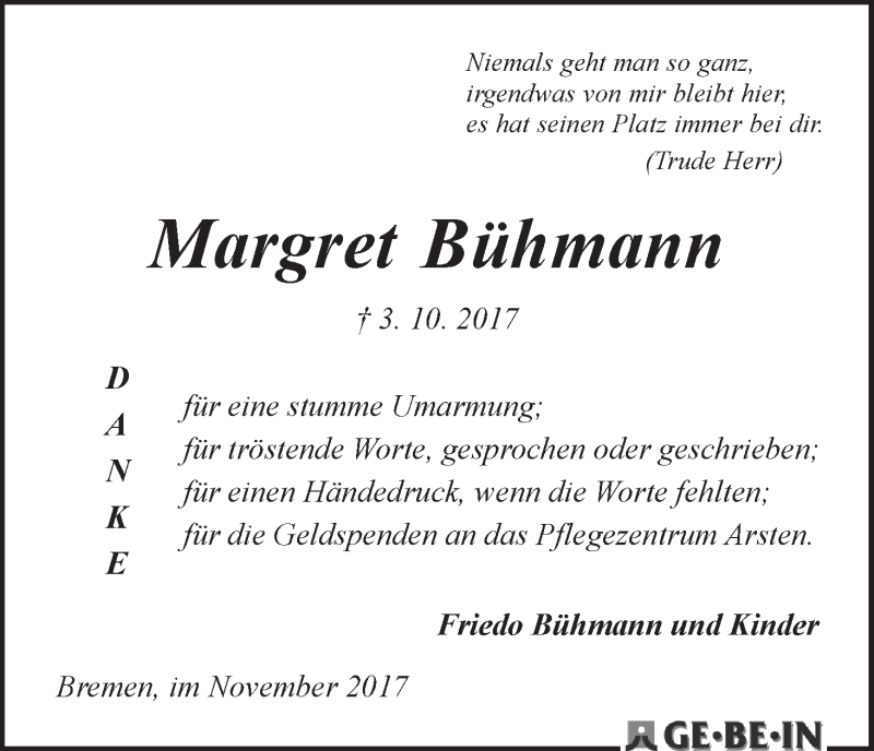 Traueranzeige von Margret Bühmann von WESER-KURIER
