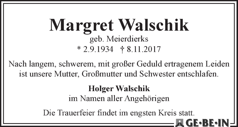 Traueranzeige von Margret Walschik von WESER-KURIER