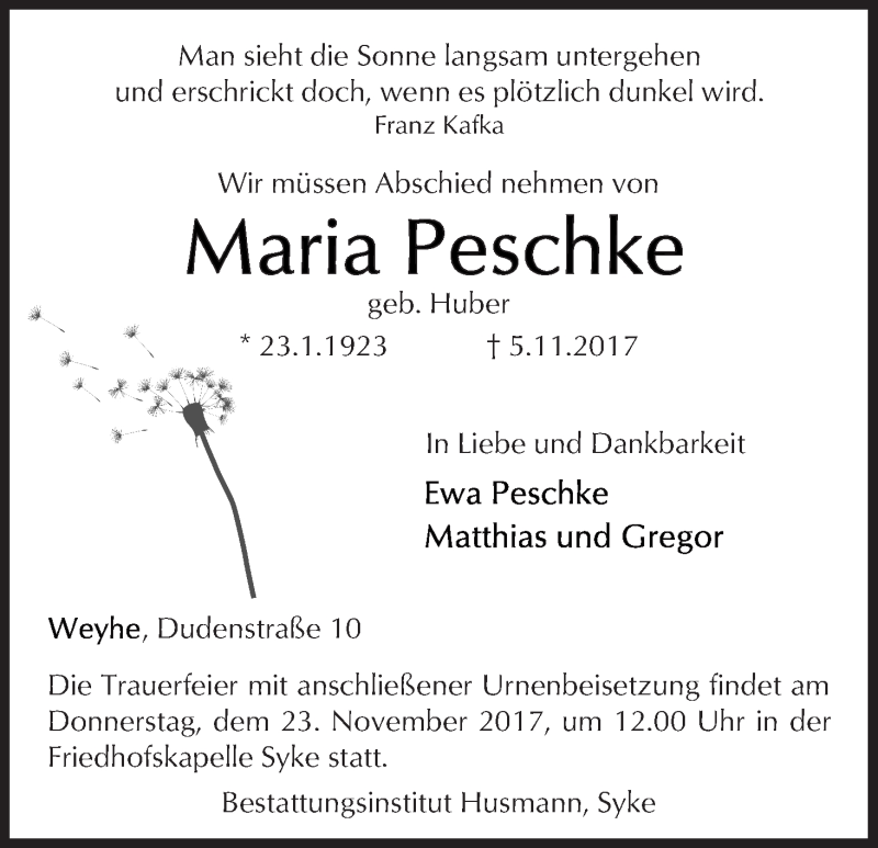 Traueranzeige von Maria Peschke von WESER-KURIER