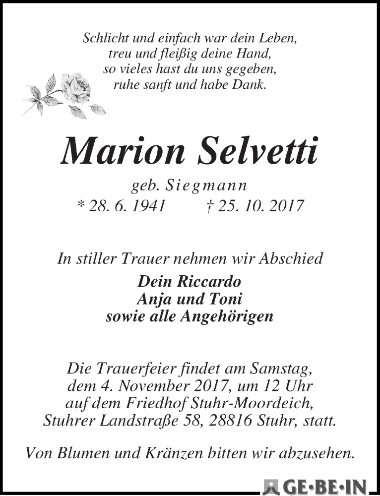 Traueranzeige von Marion Selvetti von WESER-KURIER