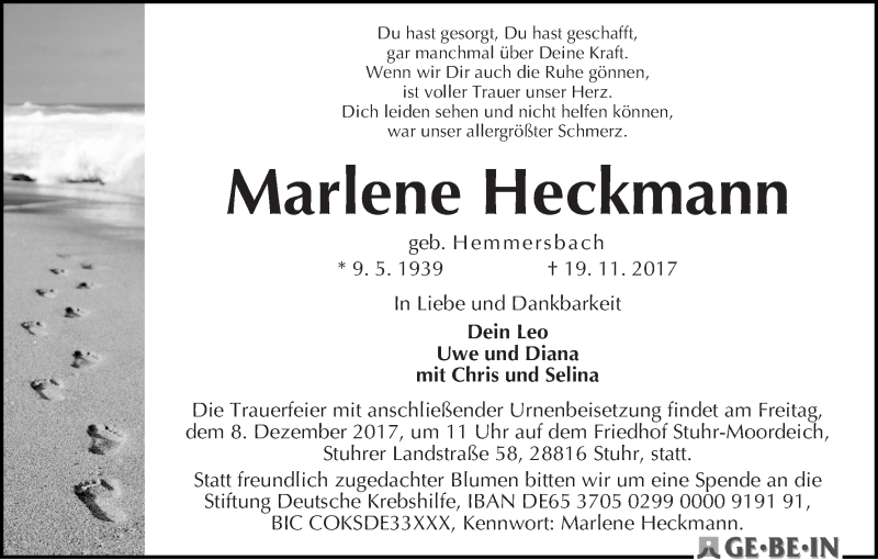 Traueranzeige von Marlene Heckmann von WESER-KURIER
