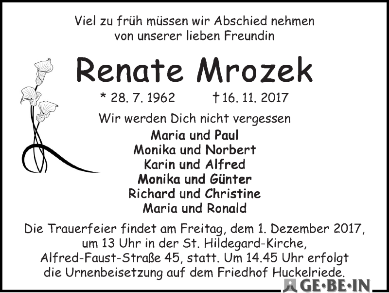 Traueranzeige von Renate Mrozek von WESER-KURIER