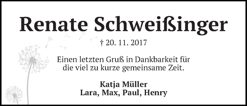 Traueranzeige von Renate Schweißinger von WESER-KURIER