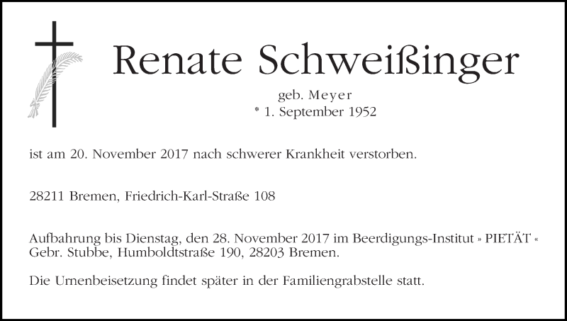 Traueranzeige von Renate Schweißinger von WESER-KURIER