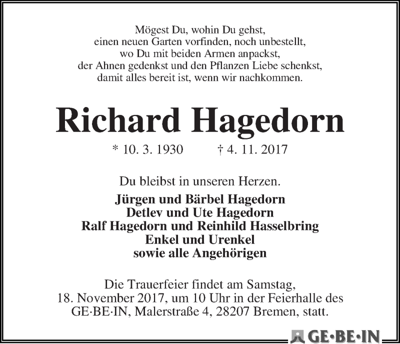 Traueranzeige von Richard Hagedorn von WESER-KURIER