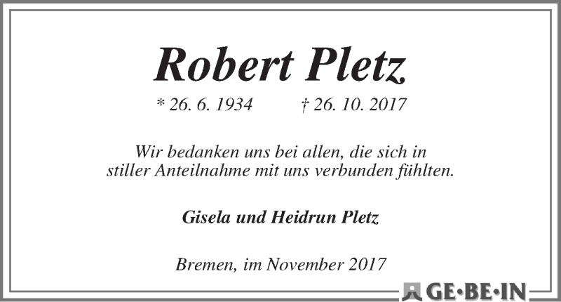 Traueranzeige von Robert Pletz von WESER-KURIER