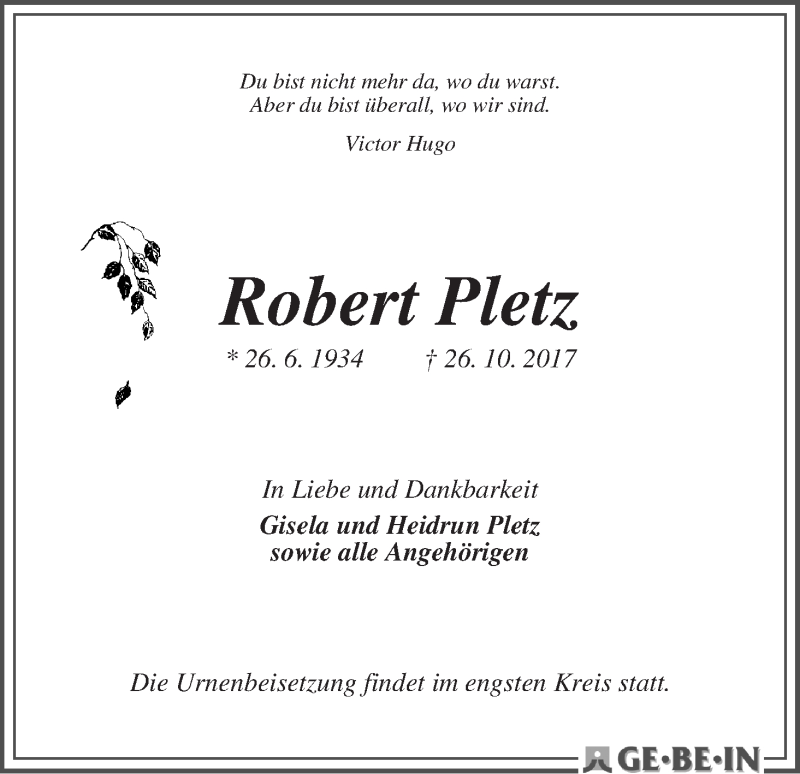 Traueranzeige von Robert Pletz von WESER-KURIER