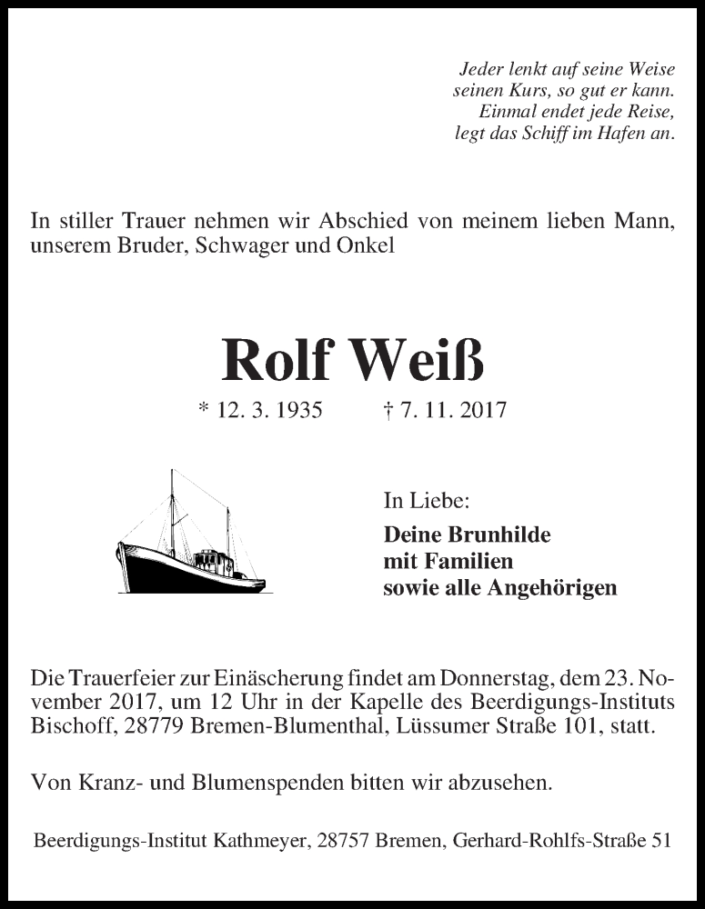 Traueranzeige von Rolf Weiß von Die Norddeutsche