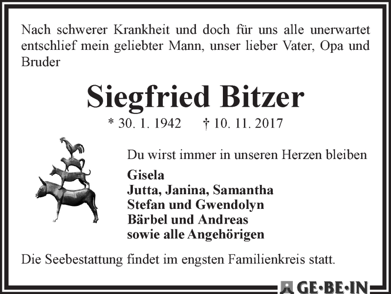 Traueranzeige von Siegfried Bitzer von WESER-KURIER