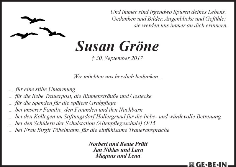 Traueranzeige von Susan Gröne von WESER-KURIER
