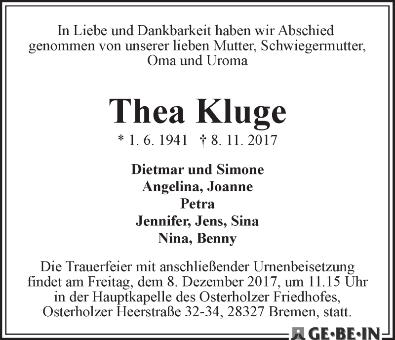 Traueranzeige von Thea Kluge von WESER-KURIER