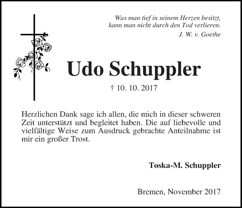 Traueranzeige von Udo Schuppler von Die Norddeutsche