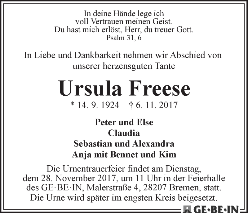 Traueranzeige von Ursula Freese von WESER-KURIER
