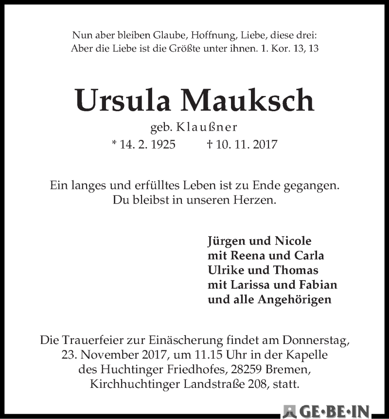 Traueranzeige von Ursula Mauksch von WESER-KURIER