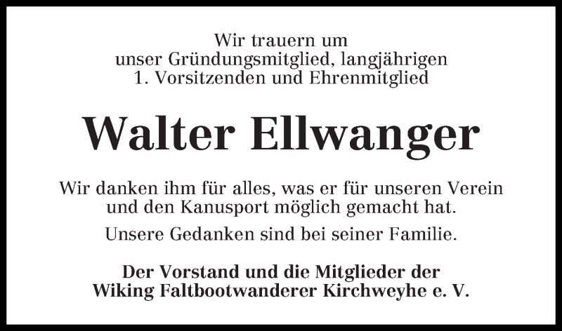 Traueranzeige von Walter Ellwanger von WESER-KURIER