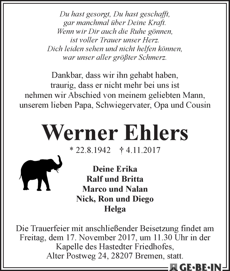 Traueranzeige von Werner Ehlers von WESER-KURIER