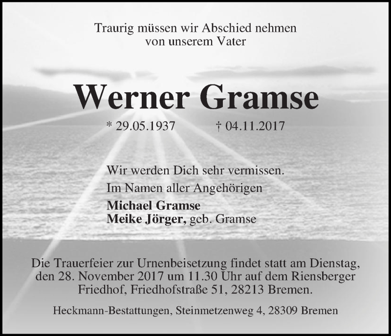 Traueranzeige von Werner Gramse von WESER-KURIER