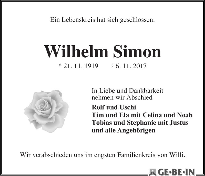 Traueranzeige von Wilhelm Simon von WESER-KURIER