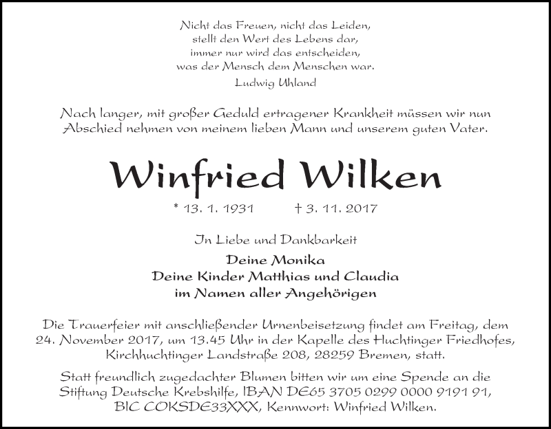 Traueranzeige von Winfried Wilken von WESER-KURIER