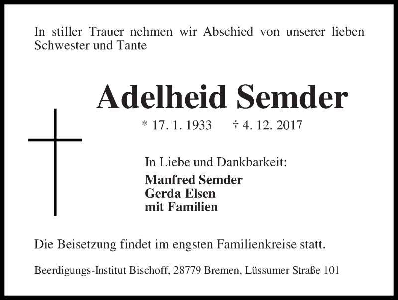 Traueranzeige von Adelheid Semder von WESER-KURIER