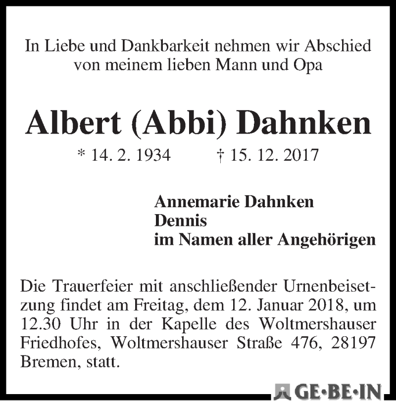 Traueranzeige von Albert (Abbi) Dahnken von WESER-KURIER