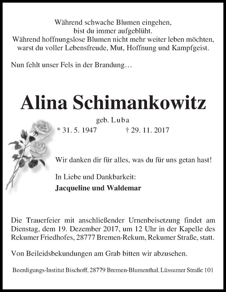 Traueranzeige von Alina Schimankowitz von Die Norddeutsche