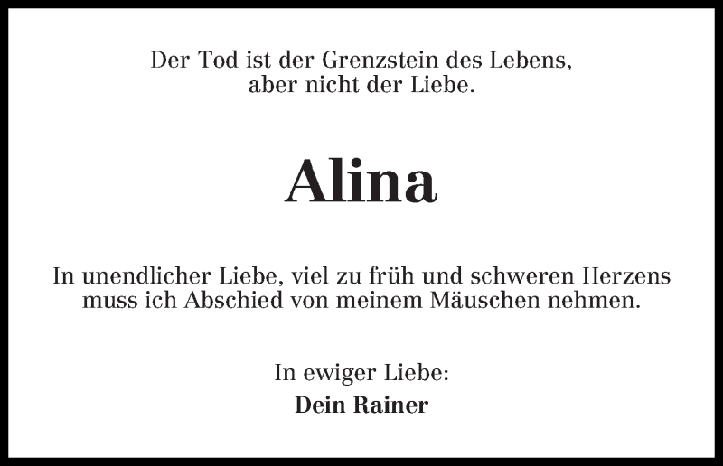 Traueranzeige von Alina Schimankowitz von Die Norddeutsche