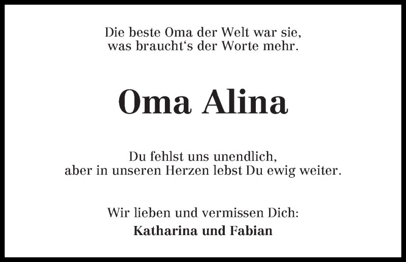 Traueranzeige von Alina Schimankowitz von Die Norddeutsche