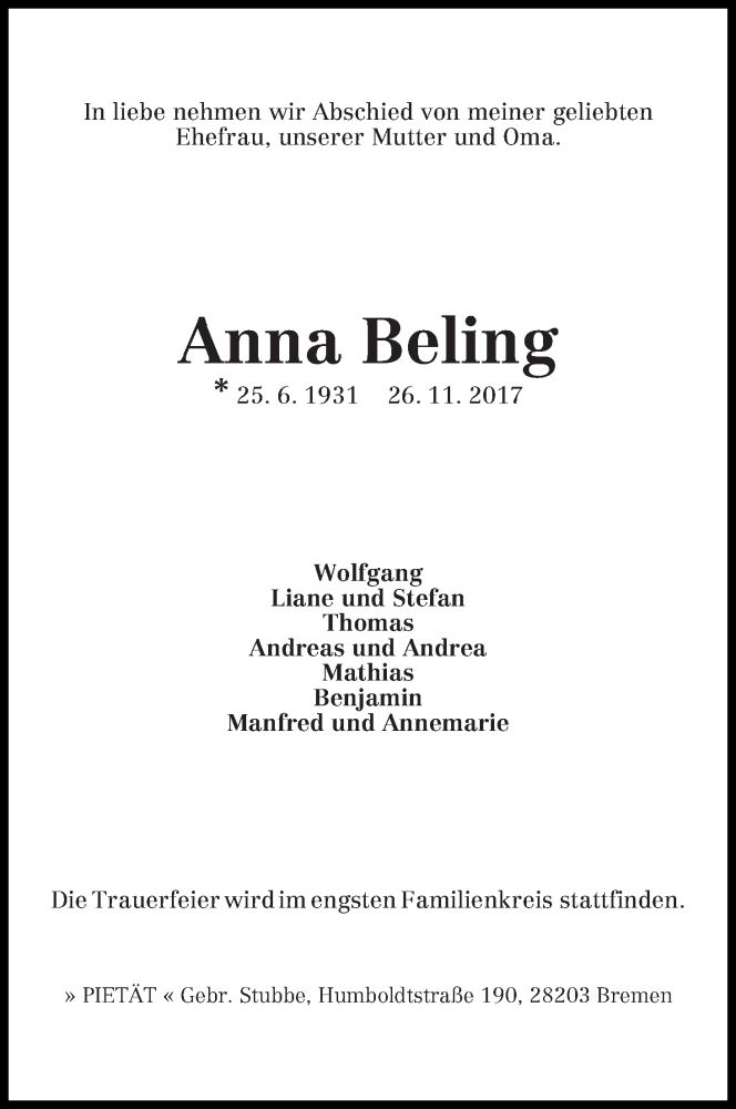 Traueranzeige von Anna Beling von WESER-KURIER