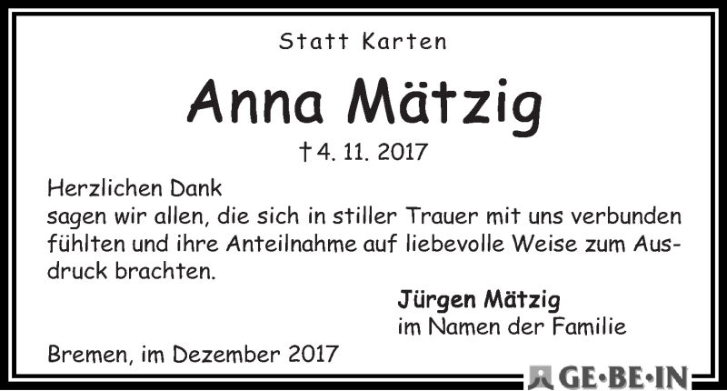Traueranzeige von Anna Mätzig von WESER-KURIER
