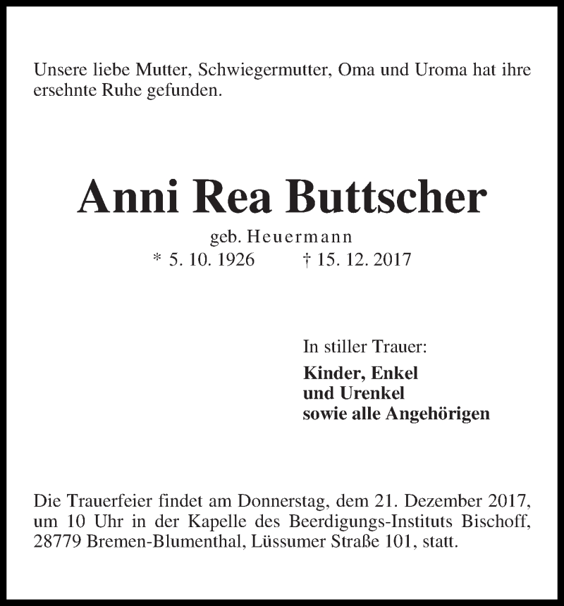Traueranzeige von Anni Rea Buttscher von Die Norddeutsche