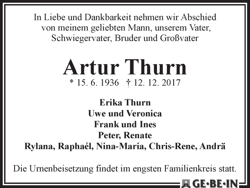 Traueranzeige von Artur Thurn von WESER-KURIER