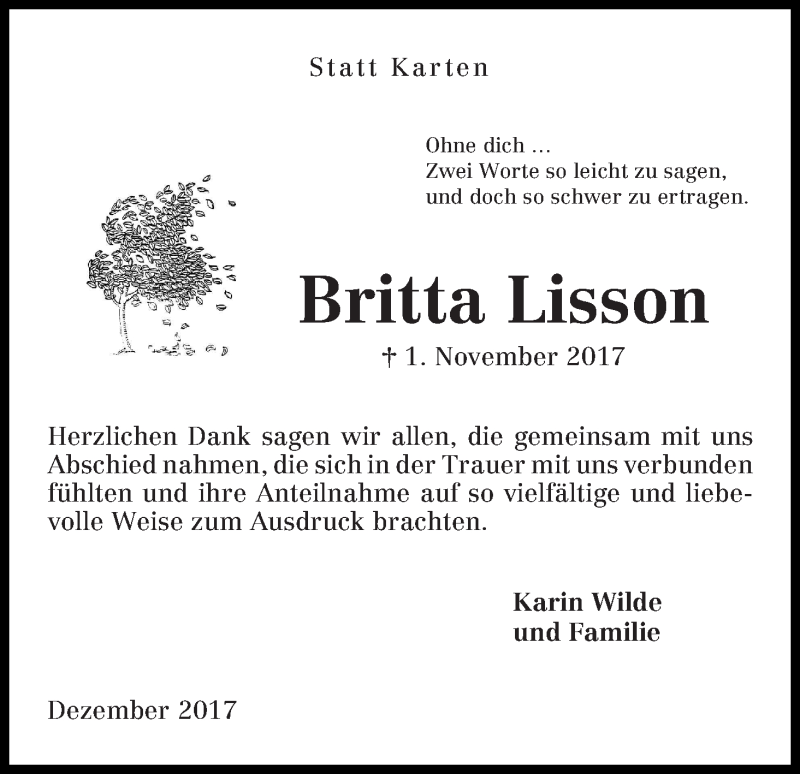 Traueranzeige von Britta Lisson von Die Norddeutsche