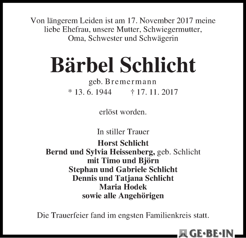 Traueranzeige von Bärbel Schlicht von WESER-KURIER
