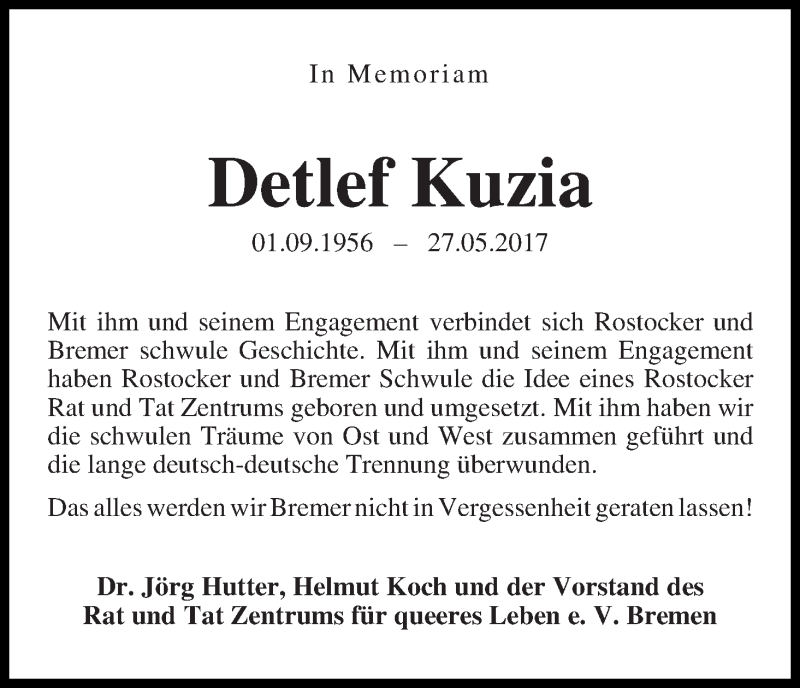 Traueranzeige von Detlef Kuzia von WESER-KURIER
