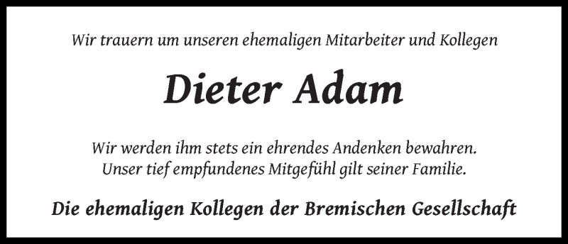 Traueranzeige von Dieter Adam von WESER-KURIER