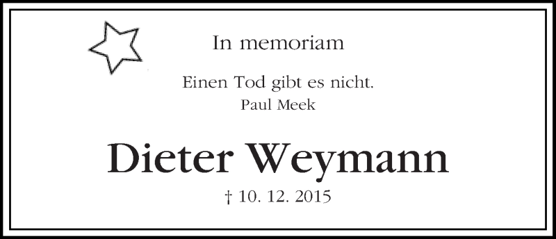 Traueranzeige von Dieter Weymann von WESER-KURIER