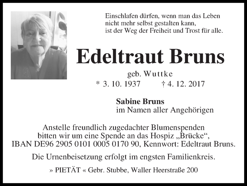 Traueranzeige von Edeltraut Bruns von WESER-KURIER