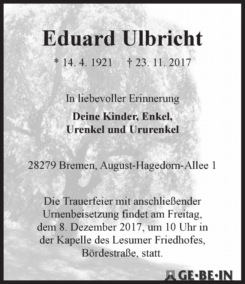 Traueranzeige von Eduard Ulbricht von WESER-KURIER
