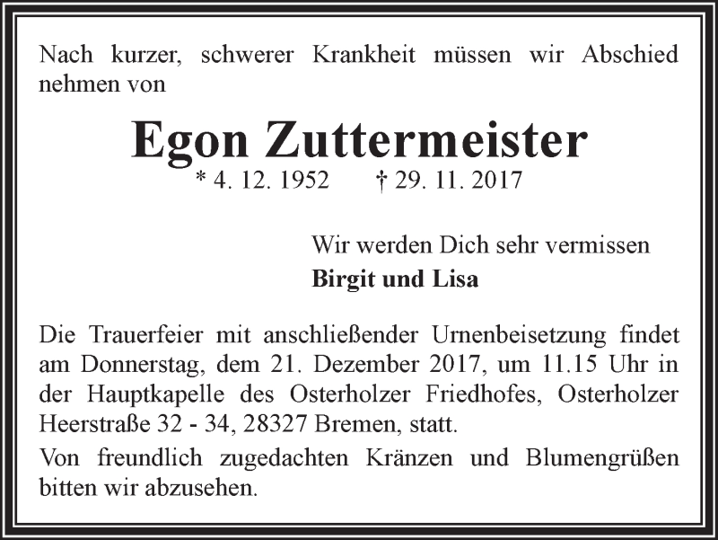 Traueranzeige von Egon Zuttermeister von WESER-KURIER