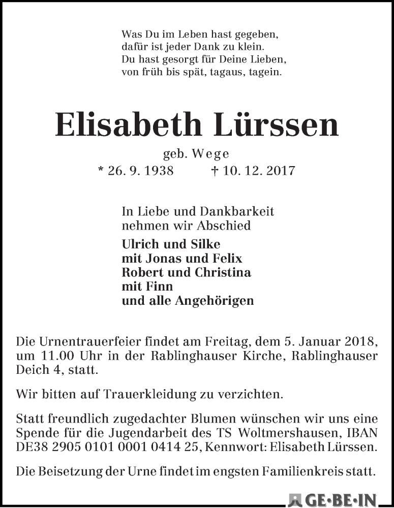 Traueranzeige von Elisabeth Lürssen von WESER-KURIER