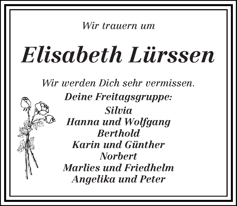 Traueranzeige von Elisabeth Lürssen von WESER-KURIER