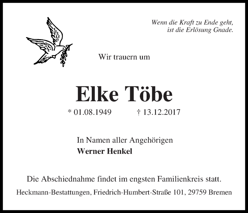 Traueranzeige von Elke Töbe von Die Norddeutsche