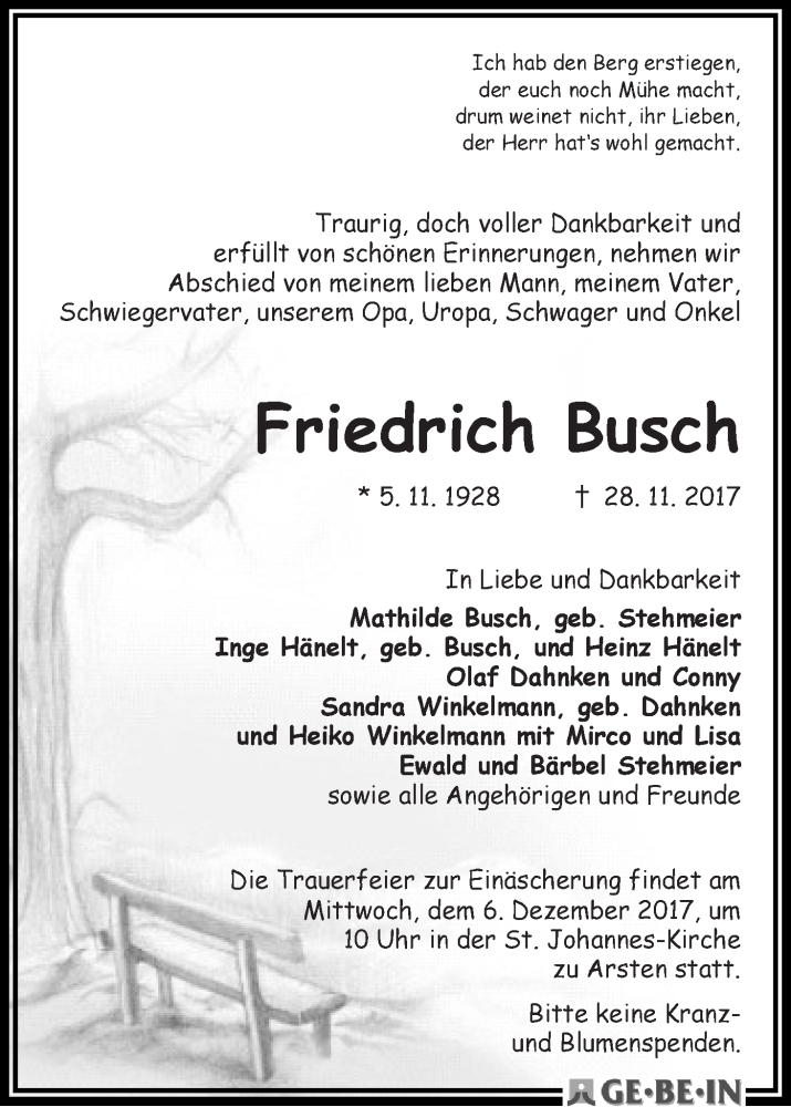 Traueranzeige von Friedrich Busch von WESER-KURIER